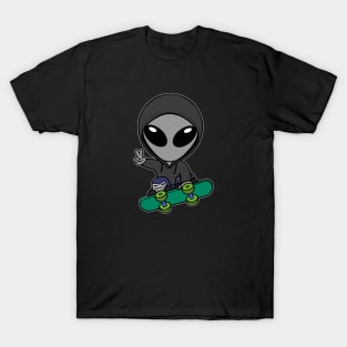 Skateboarding Gray Space Alien Extraterrestrial T-Shirt